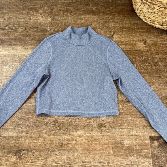 Offline By Aerie Mock Neck Ribbed Cropped Long Sleeve Dusty Blue Top - Picture 5 of 6